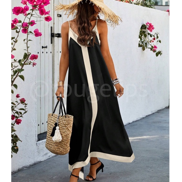 Black Maxi Dress Beige Trim V-Neck Cami A-Line Loose Flared Fit - Picture 1 of 6